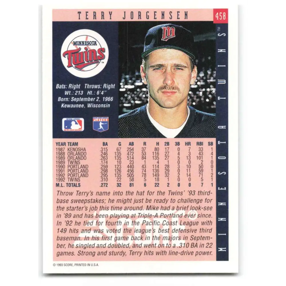 1993 Score #458 Terry Jorgensen NM-MT Minnesota Twins Baseball Card Image 2