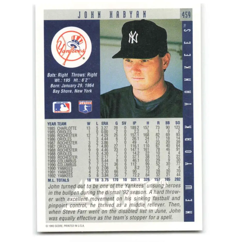 1993 Score #459 John Habyan NM-MT New York Yankees Baseball Card Image 2