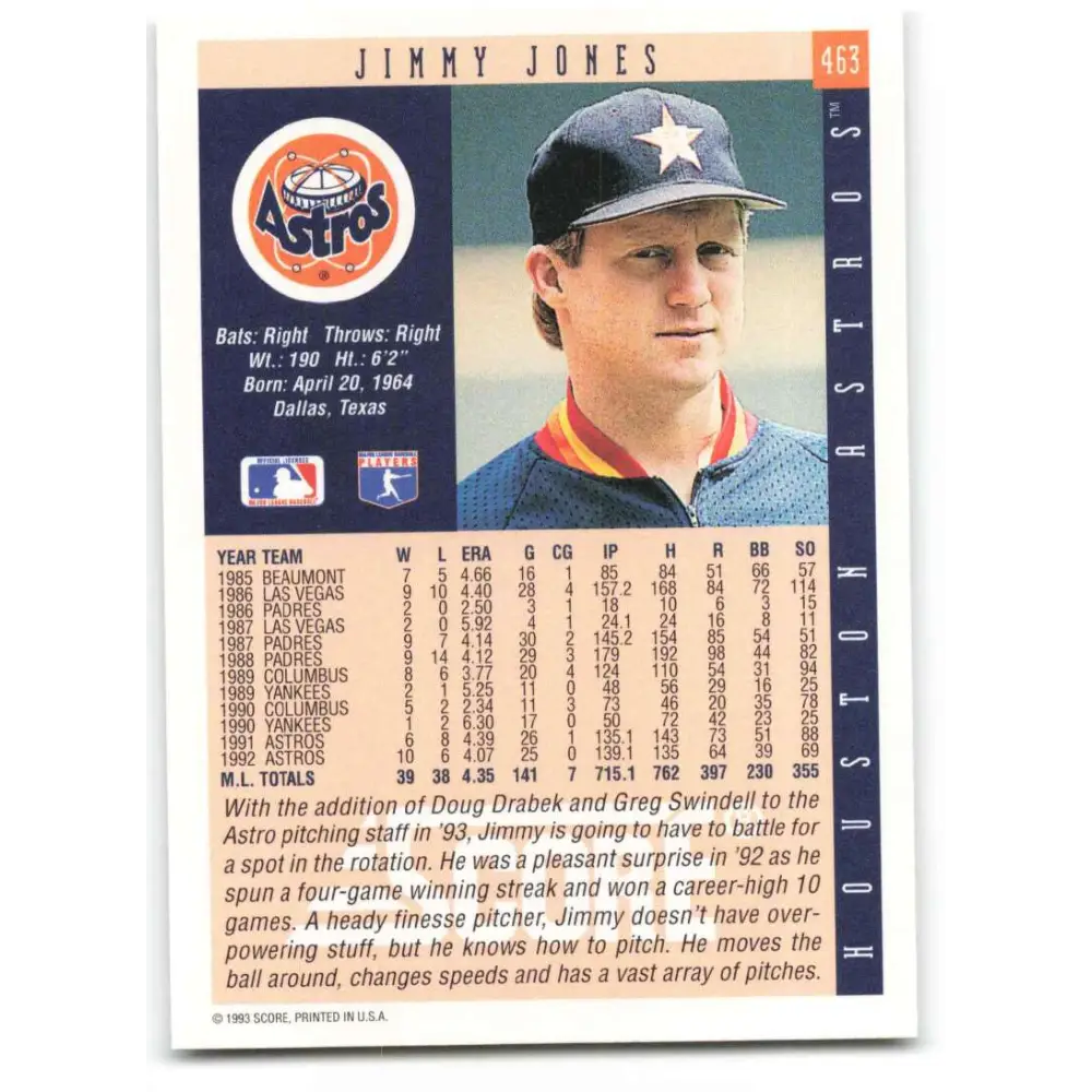 1993 Score #463 Jimmy Jones NM-MT Houston Astros Baseball Card Image 2
