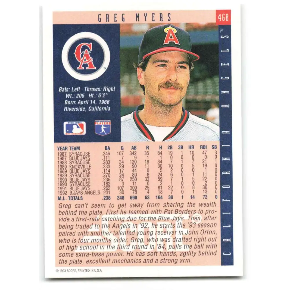 1993 Score #468 Greg Myers NM-MT California Angels Baseball Card Image 2