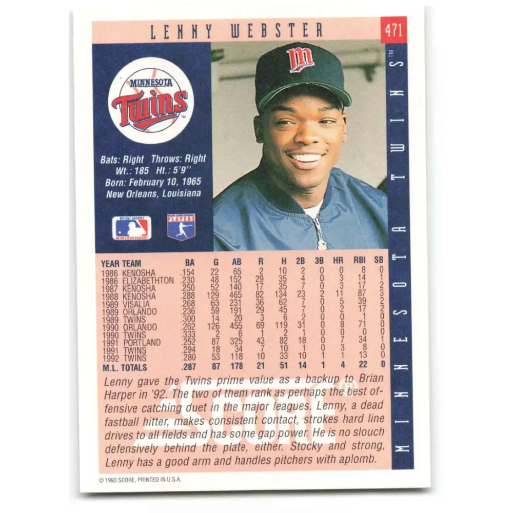 1993 Score #471 Lenny Webster NM-MT Minnesota Twins Baseball Card Image 2
