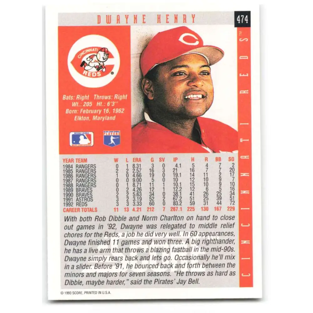 1993 Score #474 Dwayne Henry NM-MT Cincinnati Reds Baseball Card Image 2