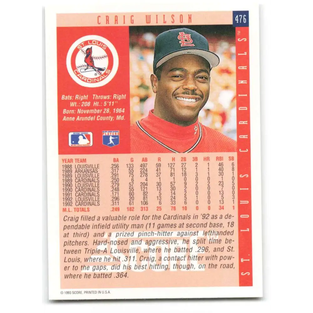 1993 Score #476 Craig Wilson NM-MT St. Louis Cardinals Baseball Card Image 2