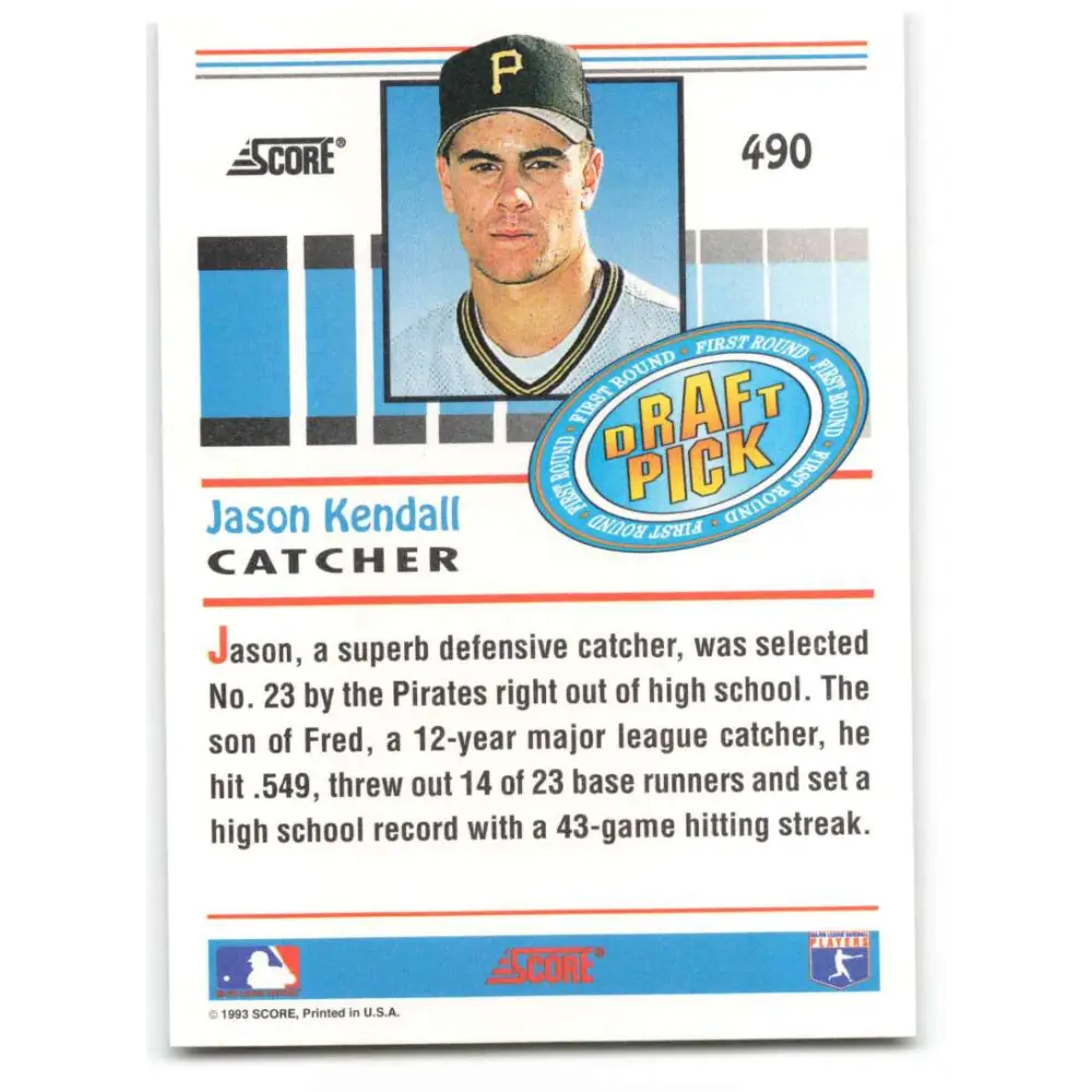 1993 Score #490 Jason Kendall NM-MT RC Rookie Pittsburgh Pirates Baseball Card Image 2