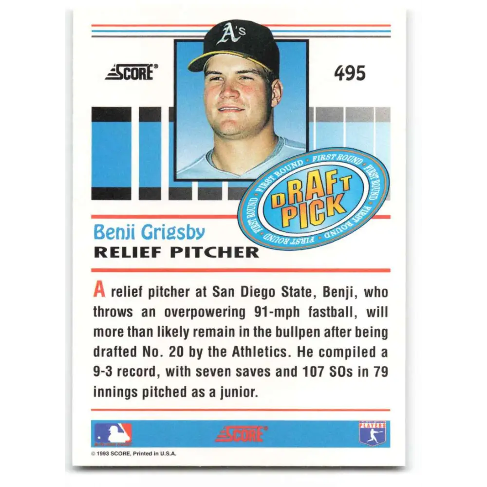 1993 Score #495 Benji Grigsby NM-MT RC Rookie Oakland Athletics Baseball Card Image 2