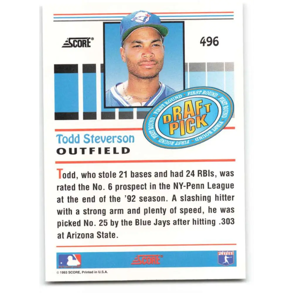 1993 Score #496 Todd Steverson NM-MT RC Rookie Toronto Blue Jays Baseball Card Image 2
