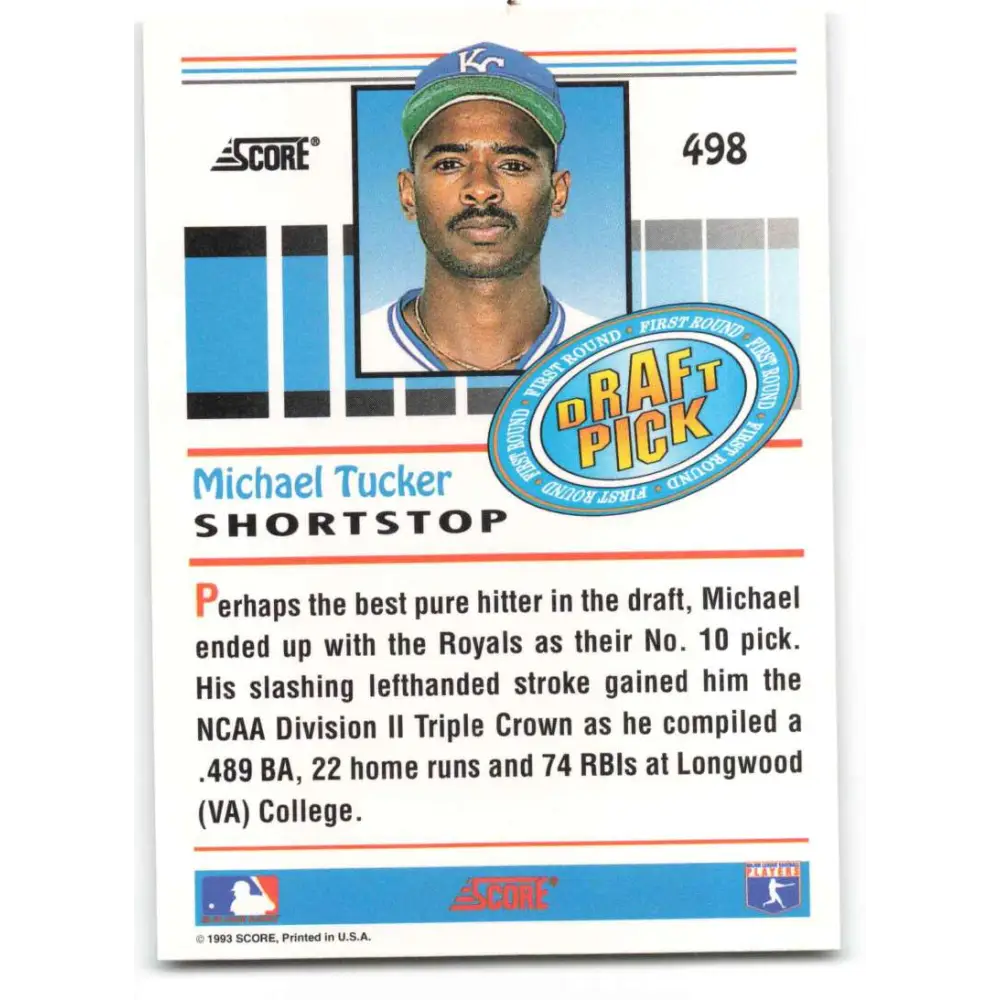 1993 Score #498 Michael Tucker NM-MT Kansas City Royals Baseball Card Image 2