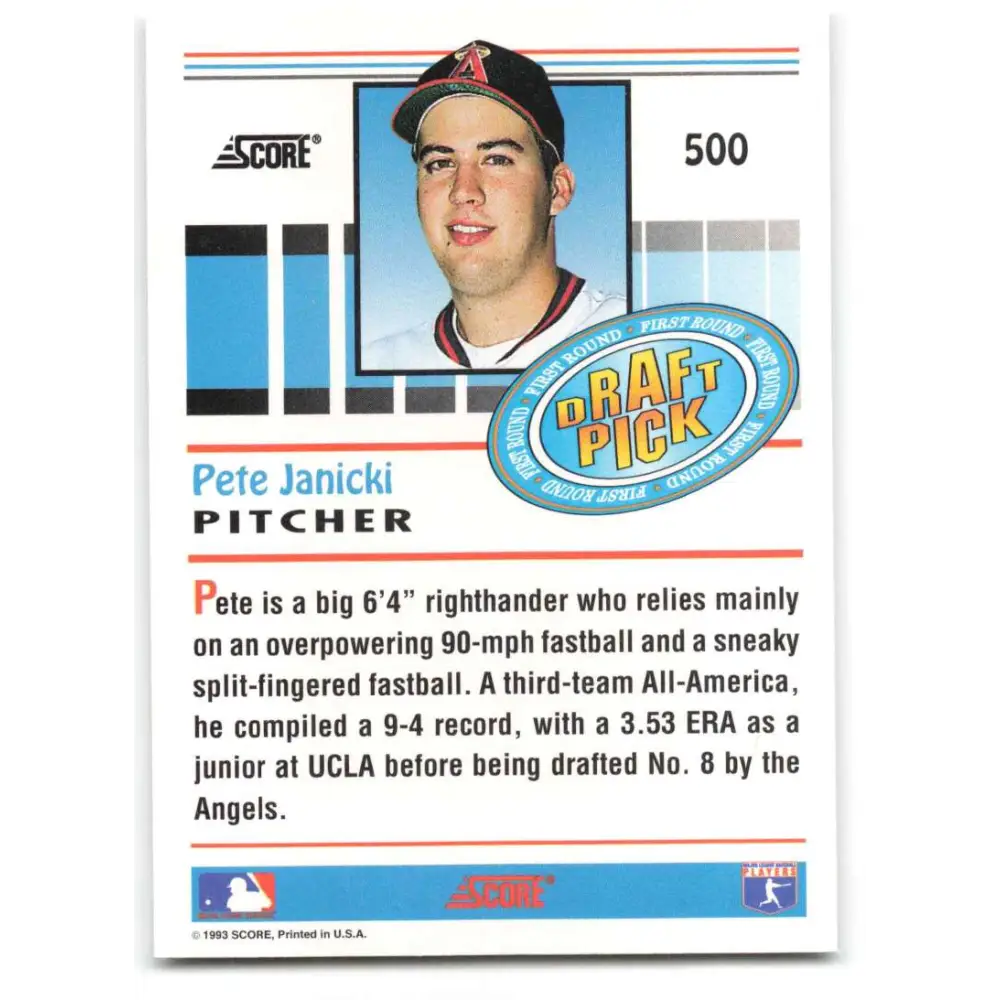 1993 Score #500 Pete Janicki NM-MT RC Rookie California Angels Baseball Card Image 2