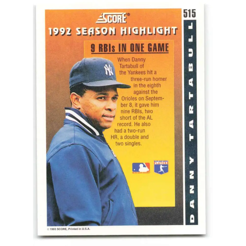 1993 Score #515 Danny Tartabull HL NM-MT New York Yankees Baseball Card Image 2