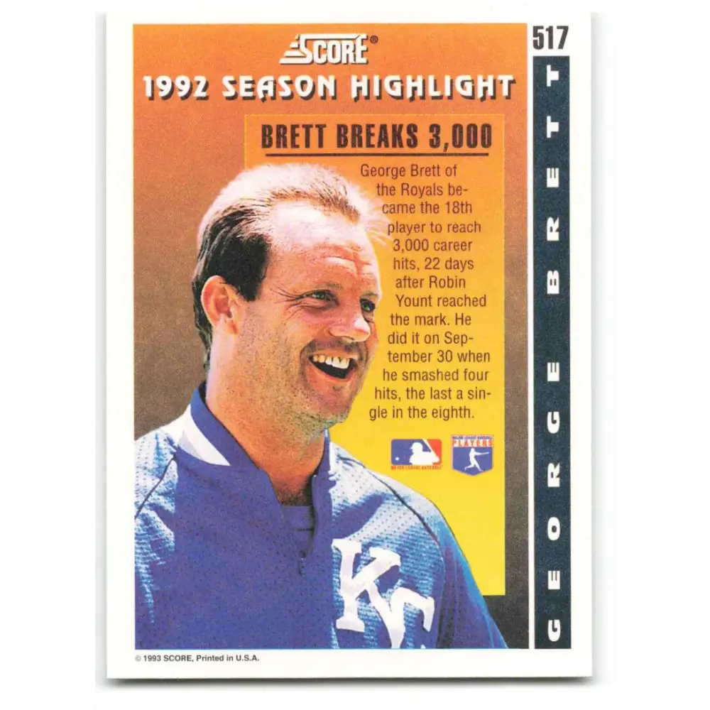 1993 Score #517 George Brett HL NM-MT Kansas City Royals Baseball Card Image 2