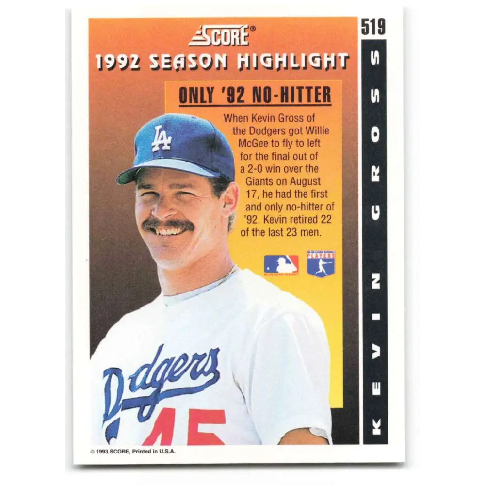 1993 Score #519 Kevin Gross HL NM-MT Los Angeles Dodgers Baseball Card Image 2