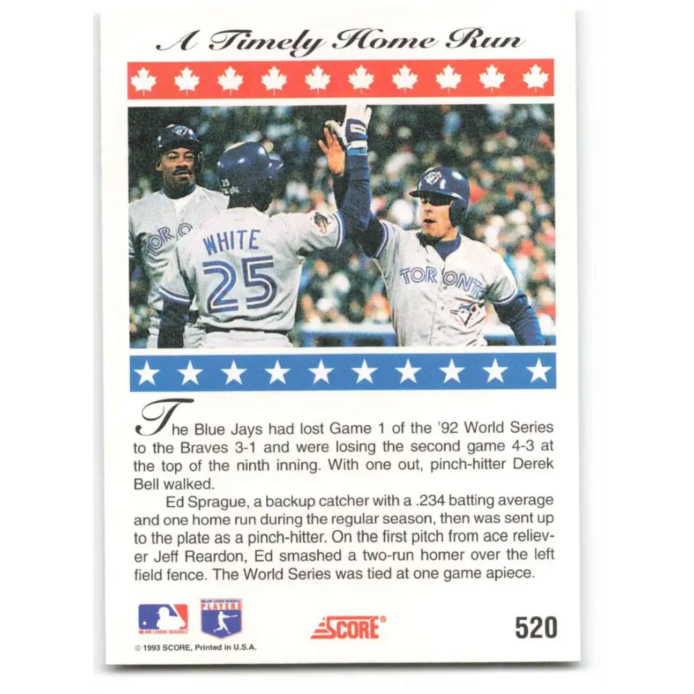 1993 Score #520 Ed Sprague NM-MT Toronto Blue Jays Baseball Card Image 2