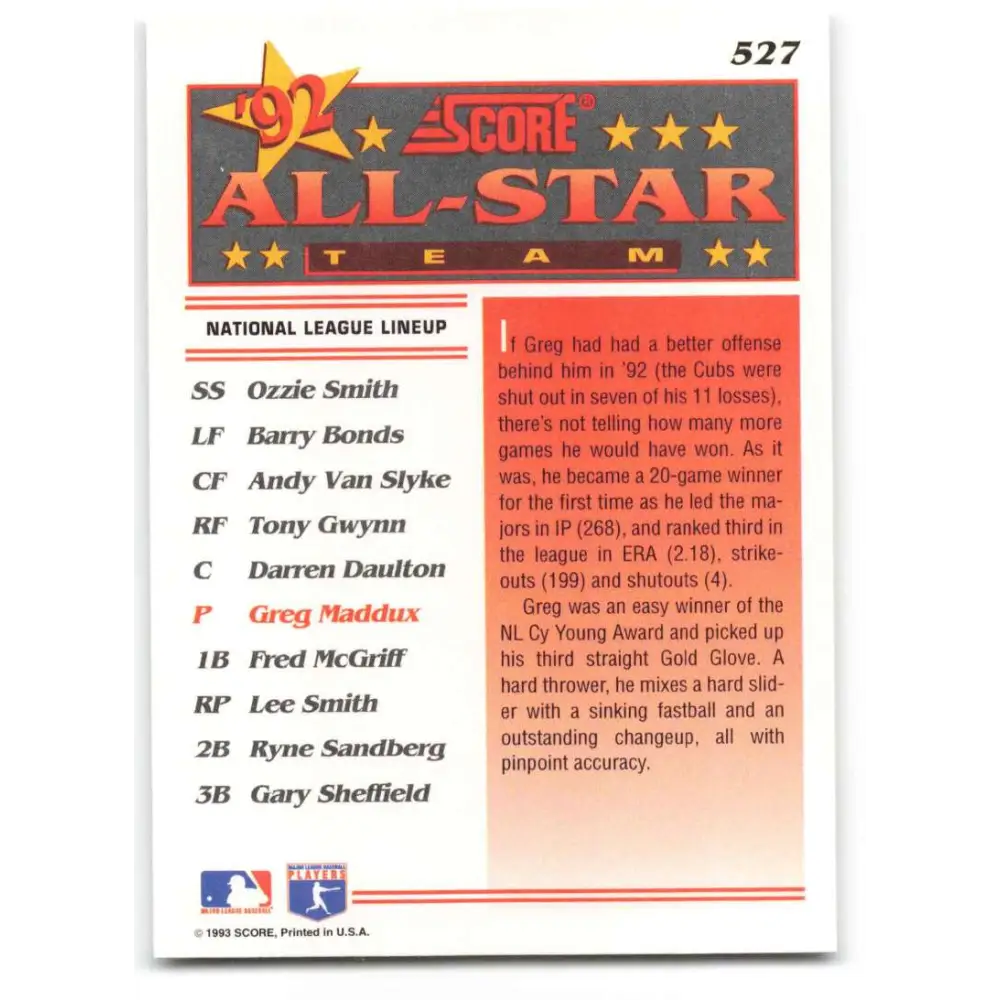 1993 Score #527 Greg Maddux AS NM-MT Atlanta Braves Baseball Card Image 2