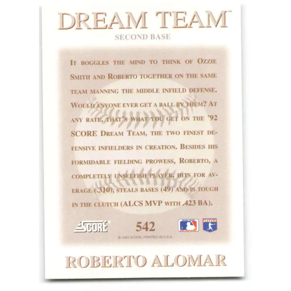1993 Score #542 Roberto Alomar DT NM-MT Toronto Blue Jays Baseball Card Image 2