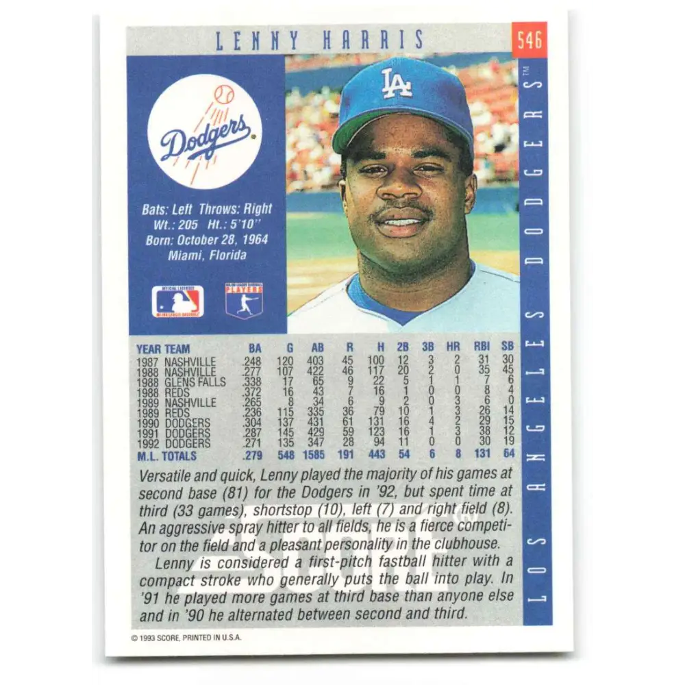 1993 Score #546 Lenny Harris NM-MT Los Angeles Dodgers Baseball Card Image 2