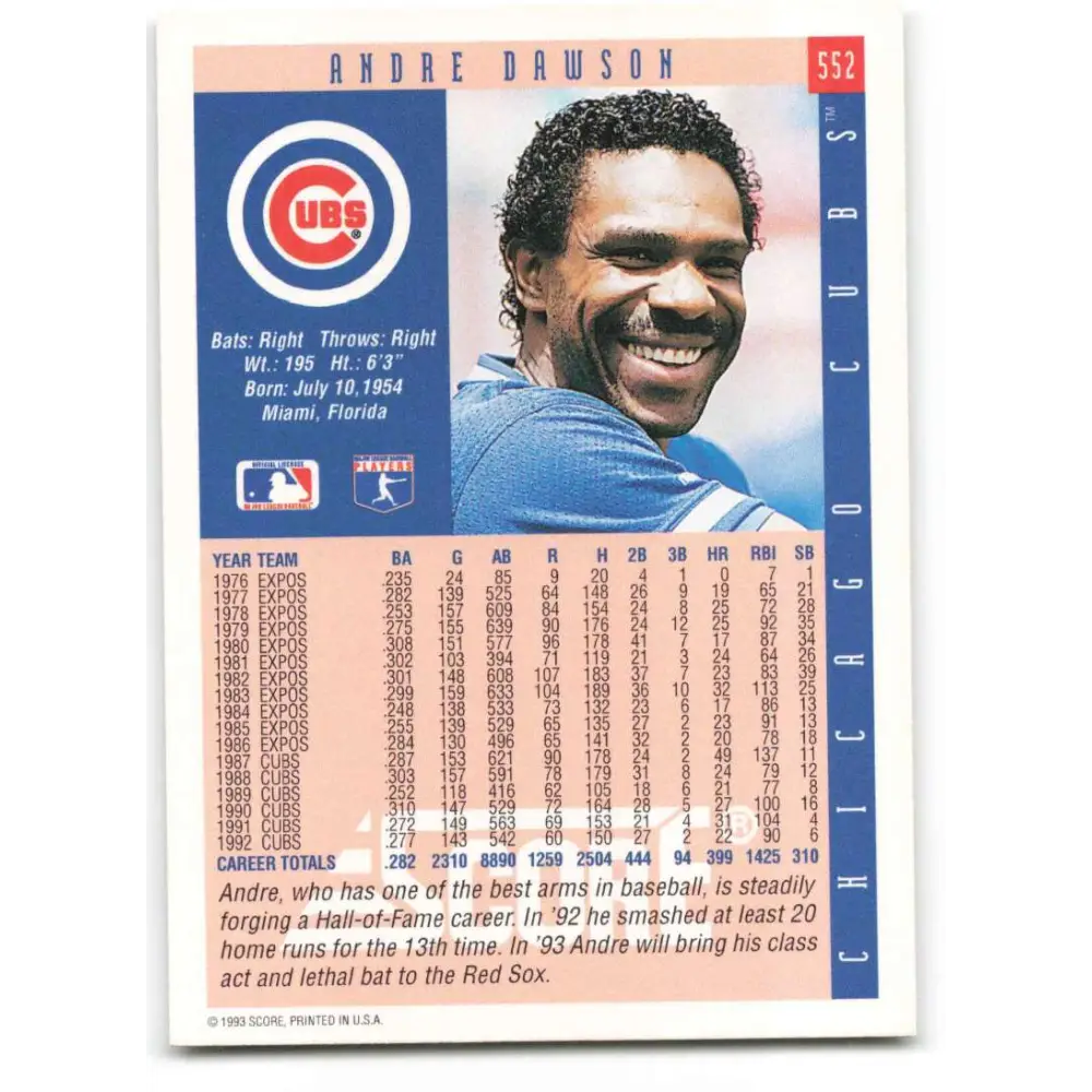 1993 Score #552 Andre Dawson NM-MT Chicago Cubs Baseball Card Image 2