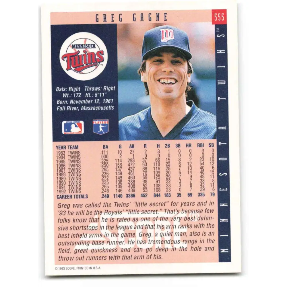 1993 Score #555 Greg Gagne NM-MT Minnesota Twins Baseball Card Image 2