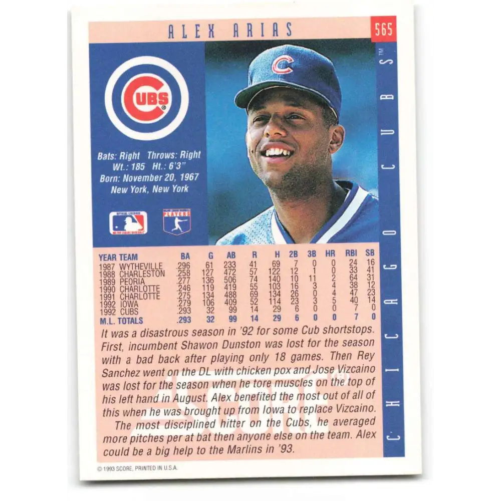 1993 Score #565 Alex Arias NM-MT Chicago Cubs Baseball Card Image 2