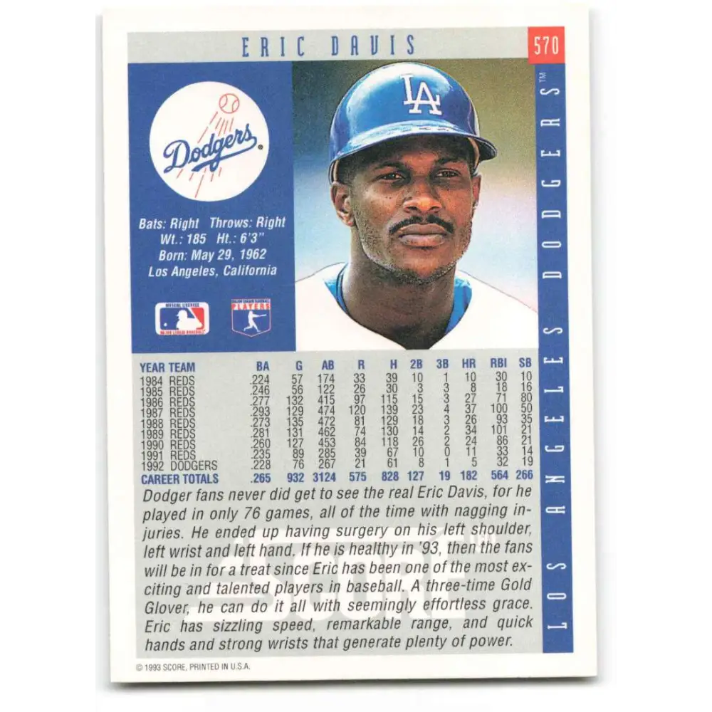 1993 Score #570 Eric Davis NM-MT Los Angeles Dodgers Baseball Card Image 2