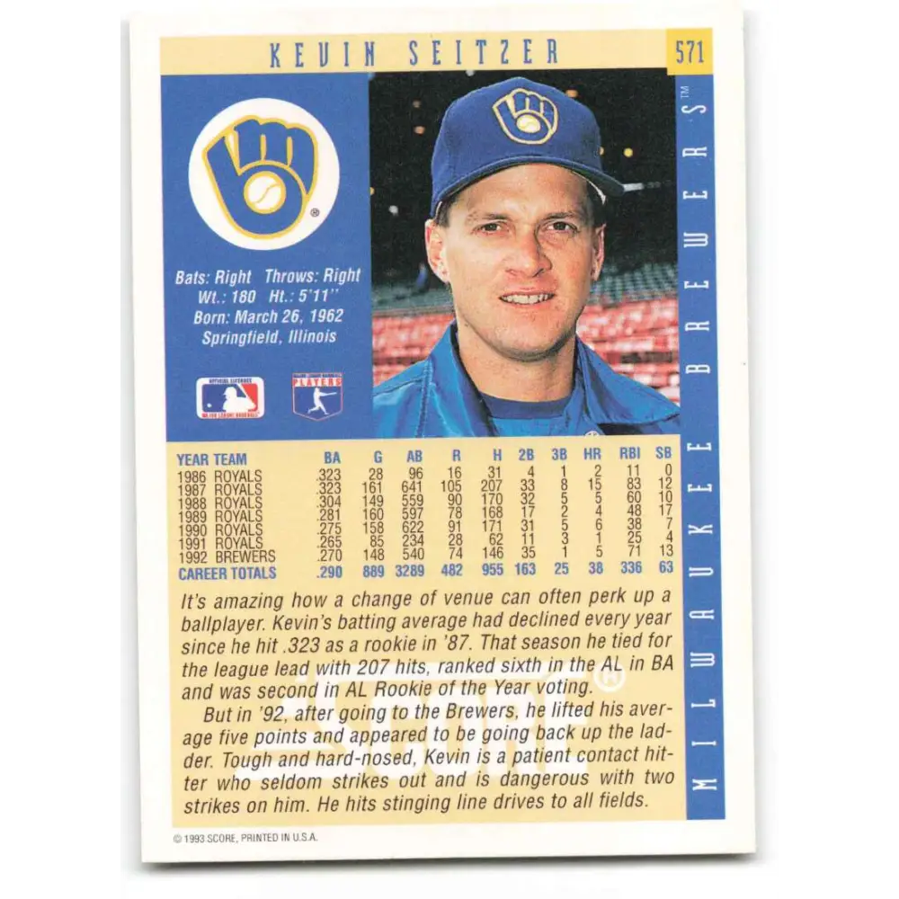 1993 Score #571 Kevin Seitzer NM-MT Milwaukee Brewers Baseball Card Image 2