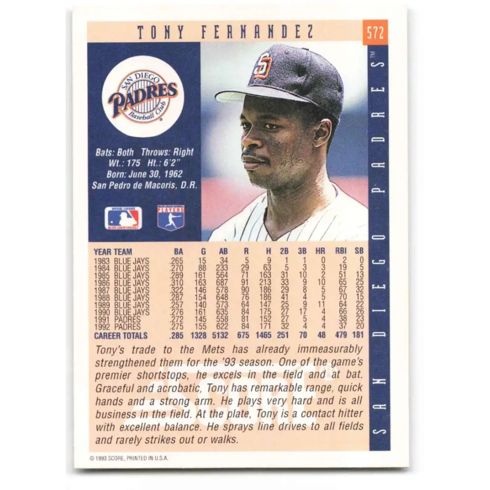 1993 Score #572 Tony Fernandez NM-MT San Diego Padres Baseball Card Image 2