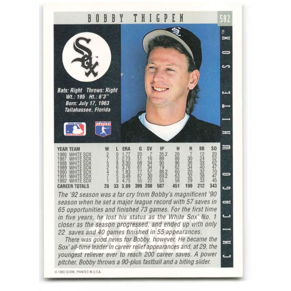 1993 Score #582 Bobby Thigpen NM-MT Chicago White Sox Baseball Card Image 2