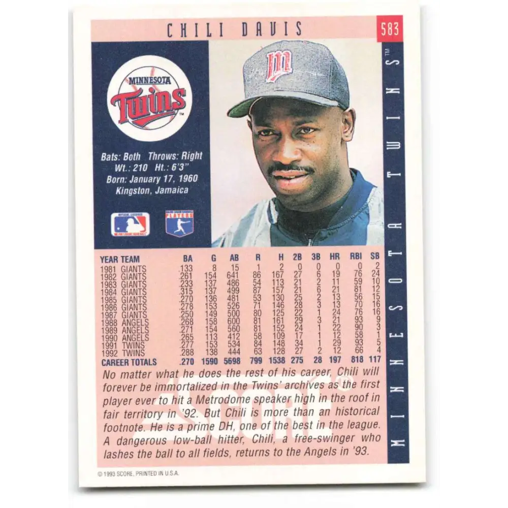 1993 Score #583 Chili Davis NM-MT Minnesota Twins Baseball Card Image 2