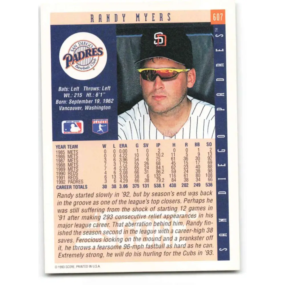 1993 Score #607 Randy Myers NM-MT San Diego Padres Baseball Card Image 2