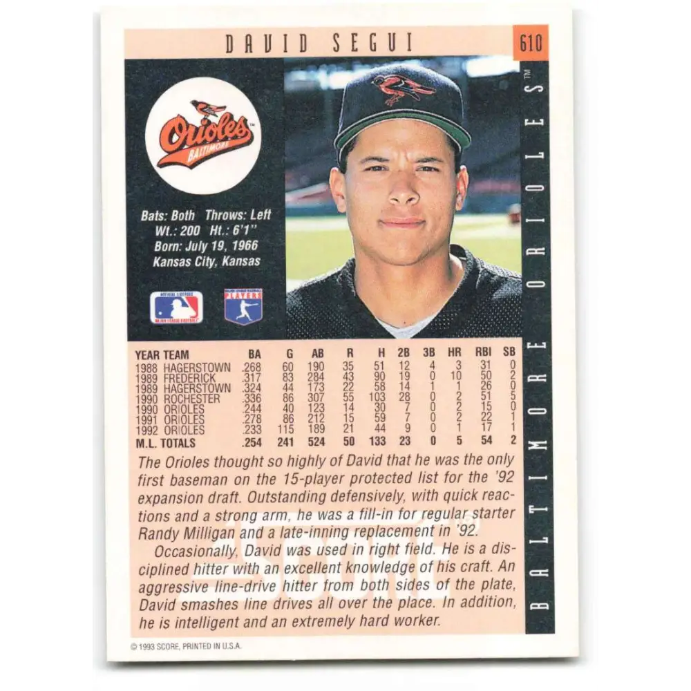 1993 Score #610 David Segui NM-MT Baltimore Orioles Baseball Card Image 2