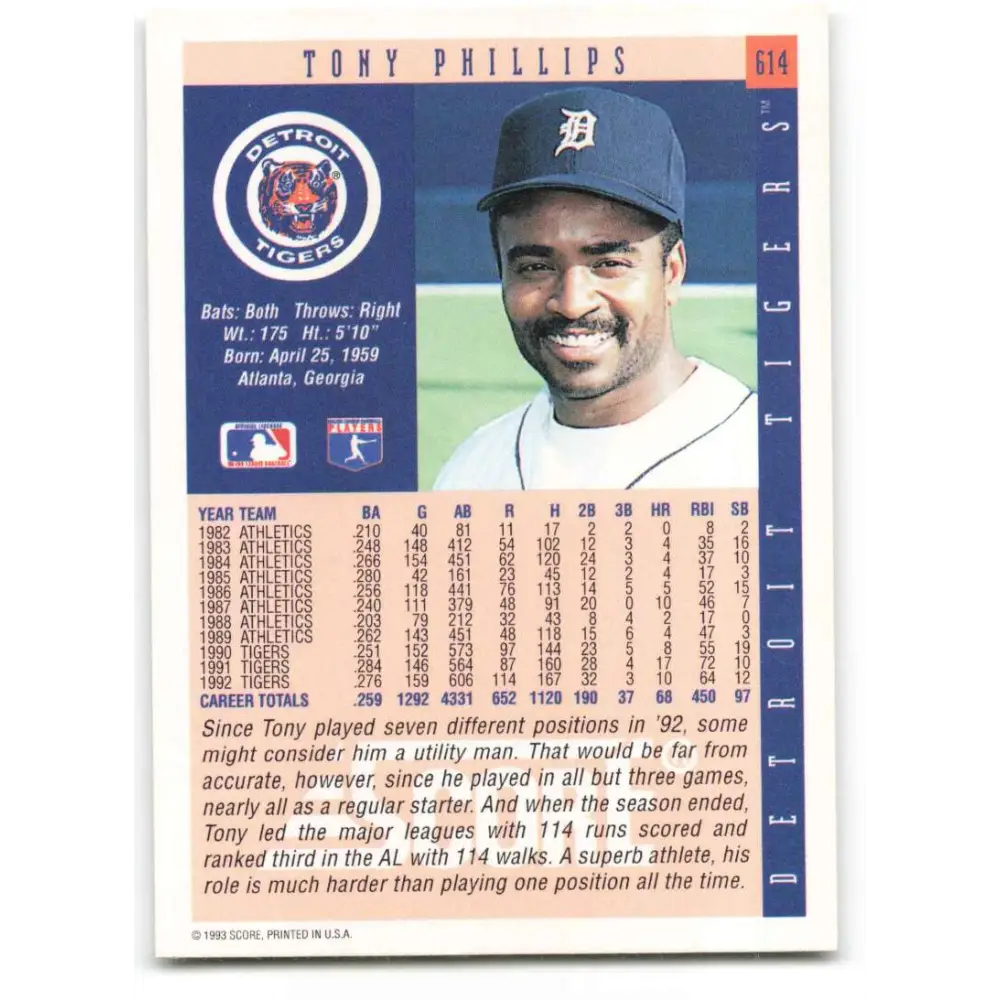 1993 Score #614 Tony Phillips NM-MT Detroit Tigers Baseball Card Image 2