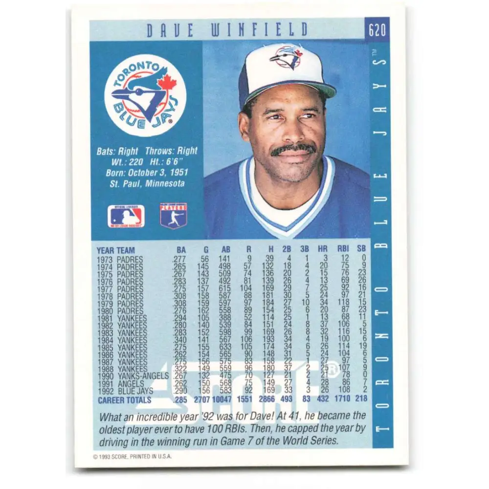 1993 Score #620 Dave Winfield NM-MT Toronto Blue Jays Baseball Card Image 2