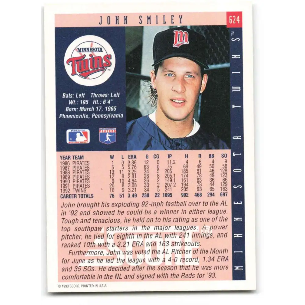 1993 Score #624 John Smiley NM-MT Minnesota Twins Baseball Card Image 2