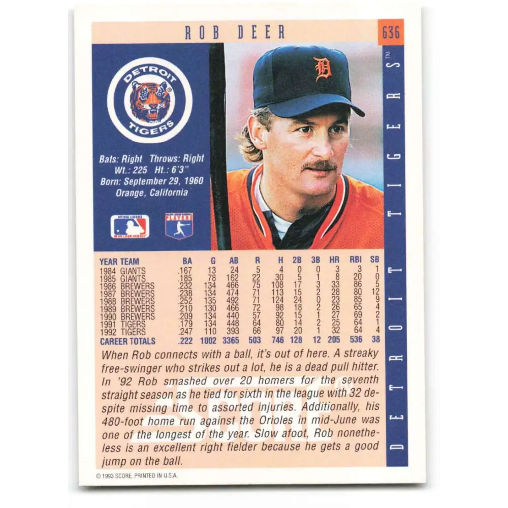 1993 Score #636 Rob Deer NM-MT Detroit Tigers Baseball Card Image 2