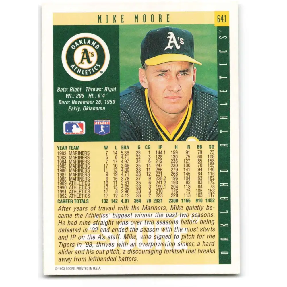 1993 Score #641 Mike Moore NM-MT Oakland Athletics Baseball Card Image 2