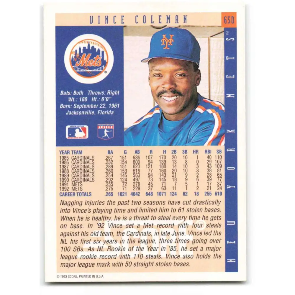 1993 Score #650 Vince Coleman NM-MT New York Mets Baseball Card Image 2