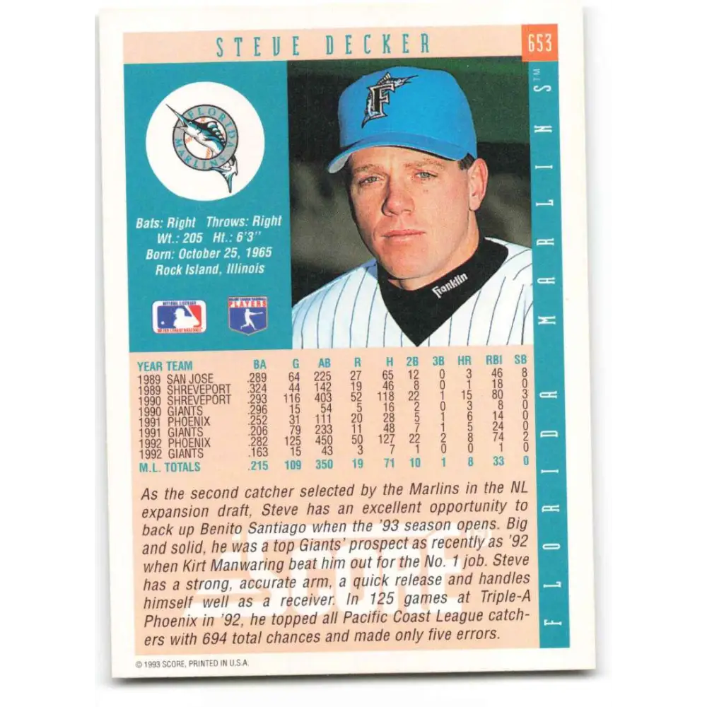1993 Score #653 Steve Decker NM-MT Florida Marlins Baseball Card Image 2