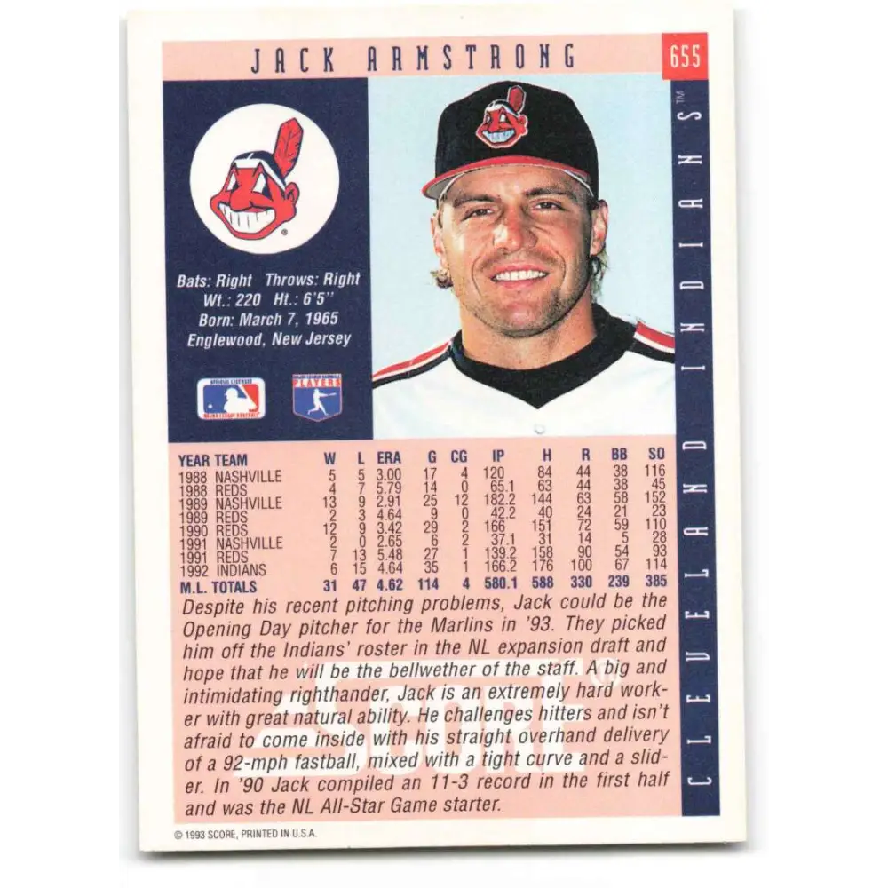 1993 Score #655 Jack Armstrong NM-MT Cleveland Indians Baseball Card Image 2