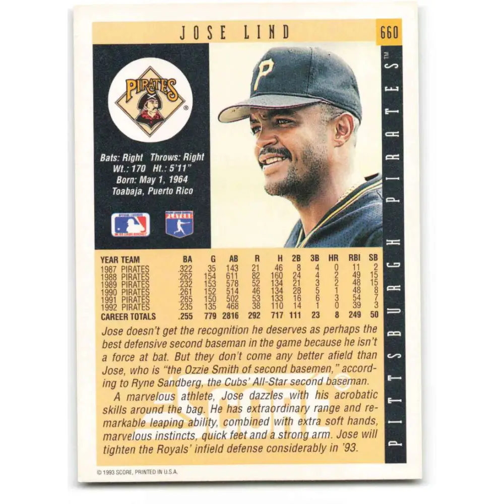 1993 Score #660 Jose Lind NM-MT Pittsburgh Pirates Baseball Card Image 2