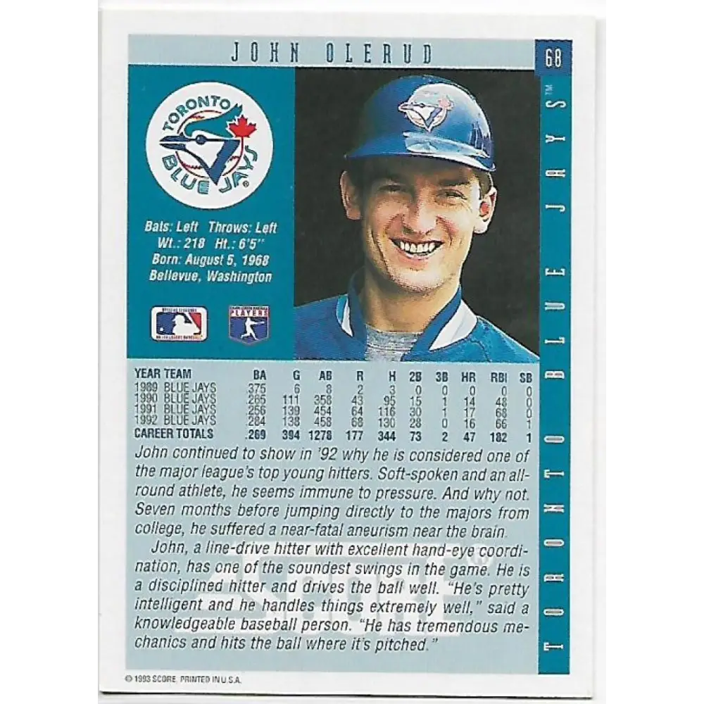 1993 Score #68 John Olerud NM-MT Toronto Blue Jays Baseball Card Image 2