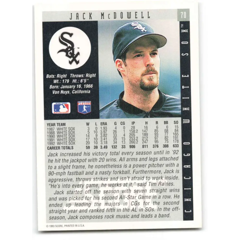 1993 Score #70 Jack McDowell NM-MT Chicago White Sox Baseball Card Image 2