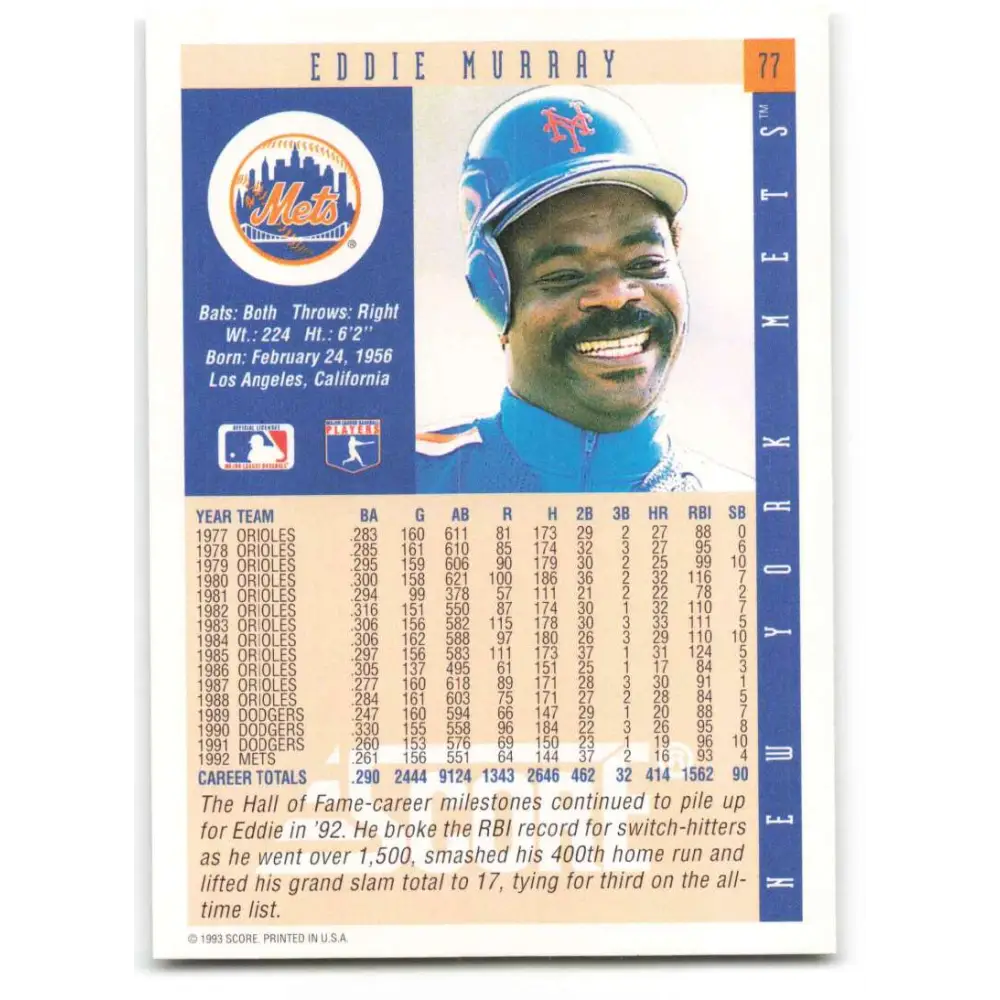 1993 Score #77 Eddie Murray NM-MT New York Mets Baseball Card Image 2