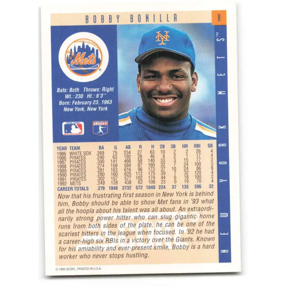 1993 Score #8 Bobby Bonilla NM-MT New York Mets Baseball Card Image 2