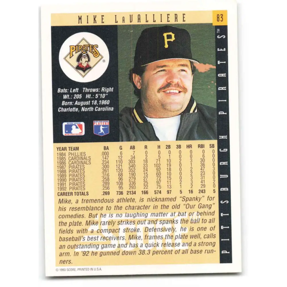 1993 Score #83 Mike LaValliere NM-MT Pittsburgh Pirates Baseball Card Image 2