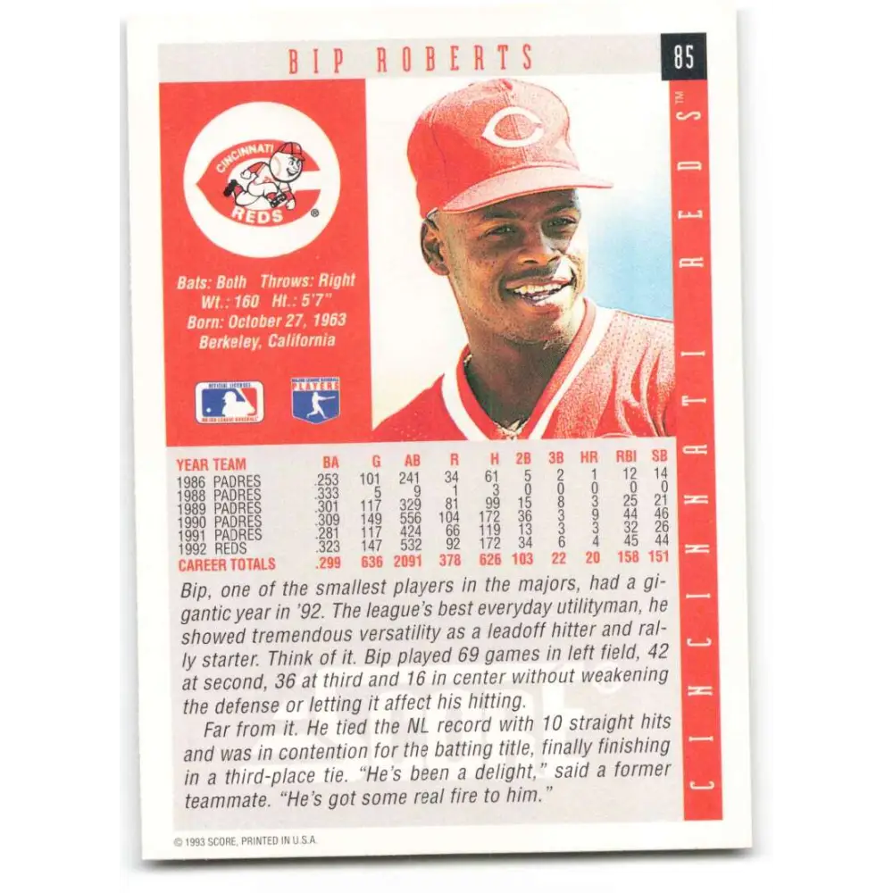1993 Score #85 Bip Roberts NM-MT Cincinnati Reds Baseball Card Image 2
