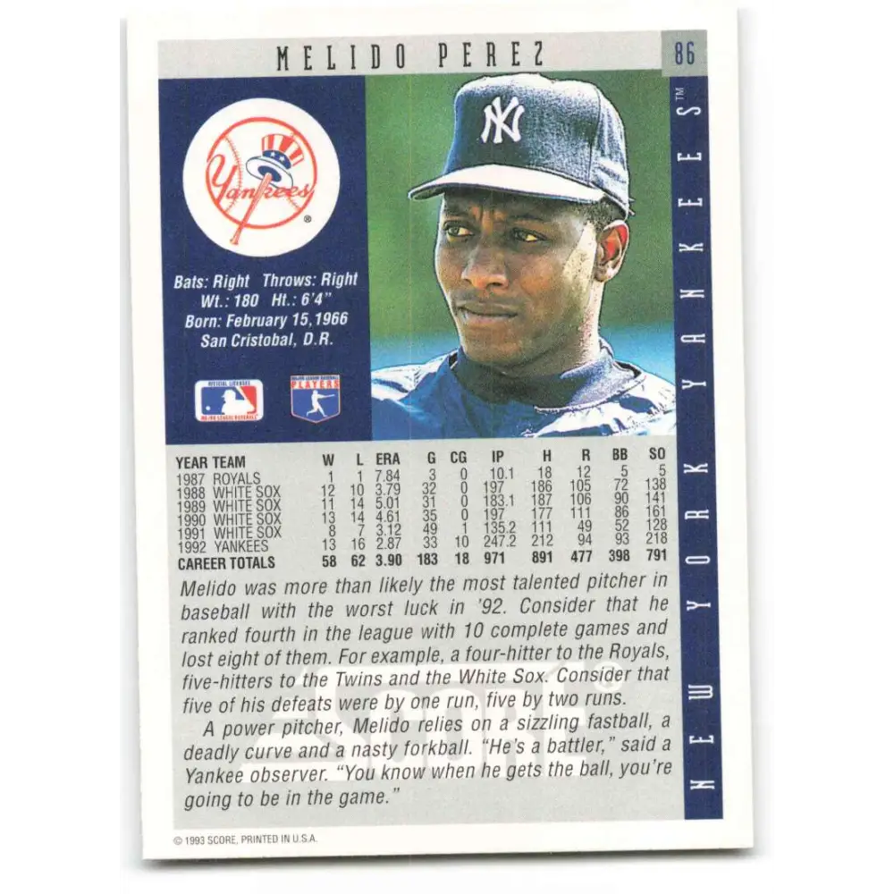 1993 Score #86 Melido Perez NM-MT New York Yankees Baseball Card Image 2
