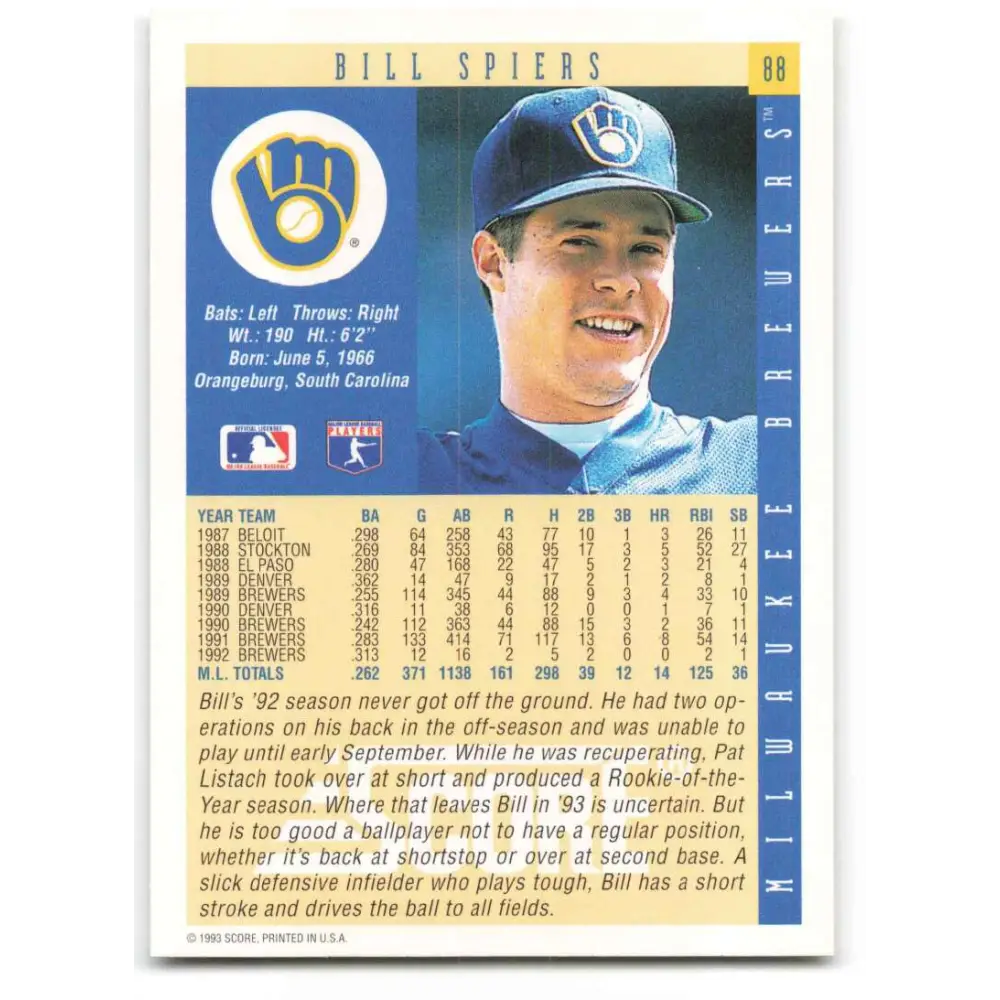 1993 Score #88 Bill Spiers NM-MT Milwaukee Brewers Baseball Card Image 2