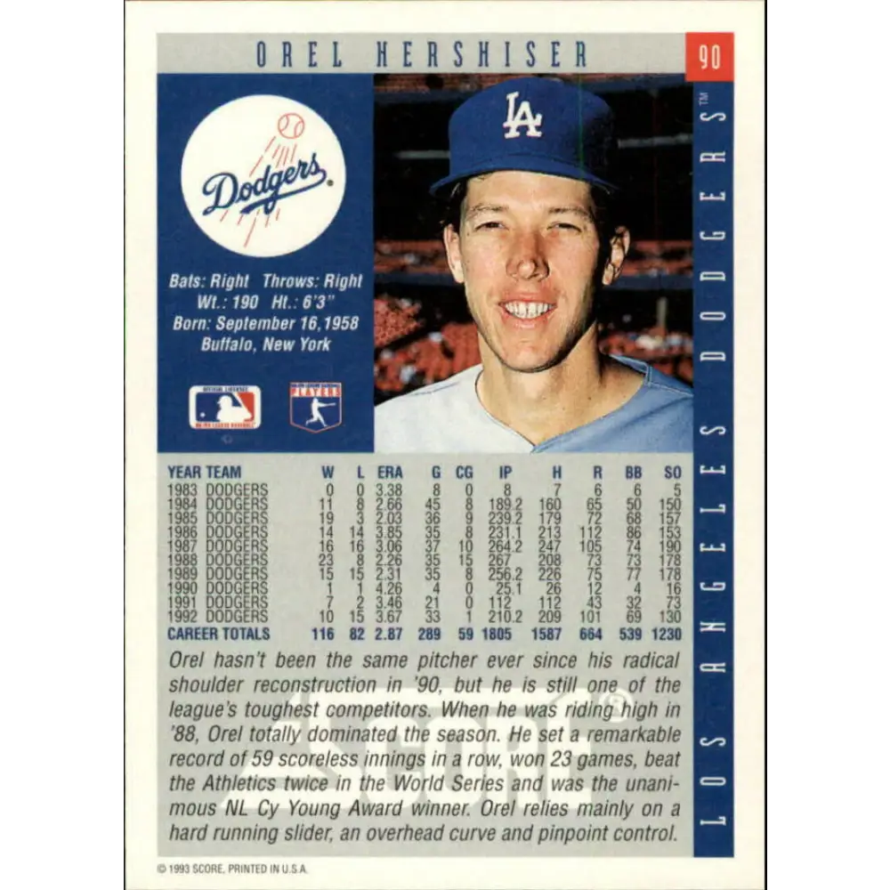 1993 Score #90 Orel Hershiser NM-MT Los Angeles Dodgers Baseball Card Image 2
