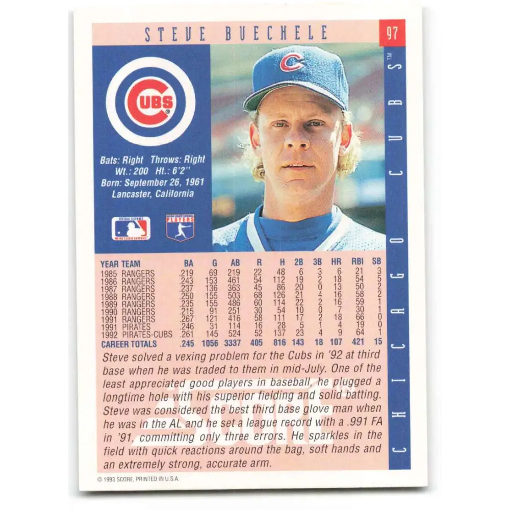 1993 Score #97 Steve Buechele NM-MT Chicago Cubs Baseball Card Image 2
