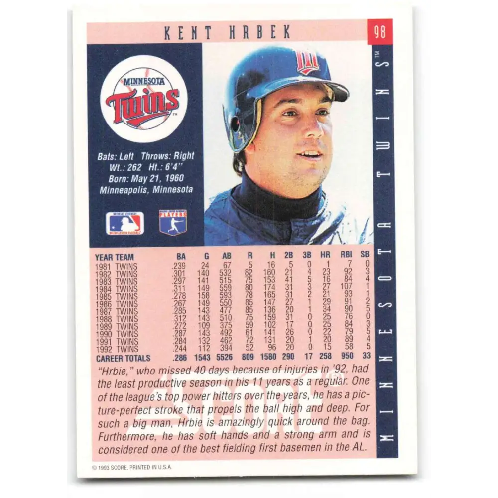1993 Score #98 Kent Hrbek NM-MT Minnesota Twins Baseball Card Image 2