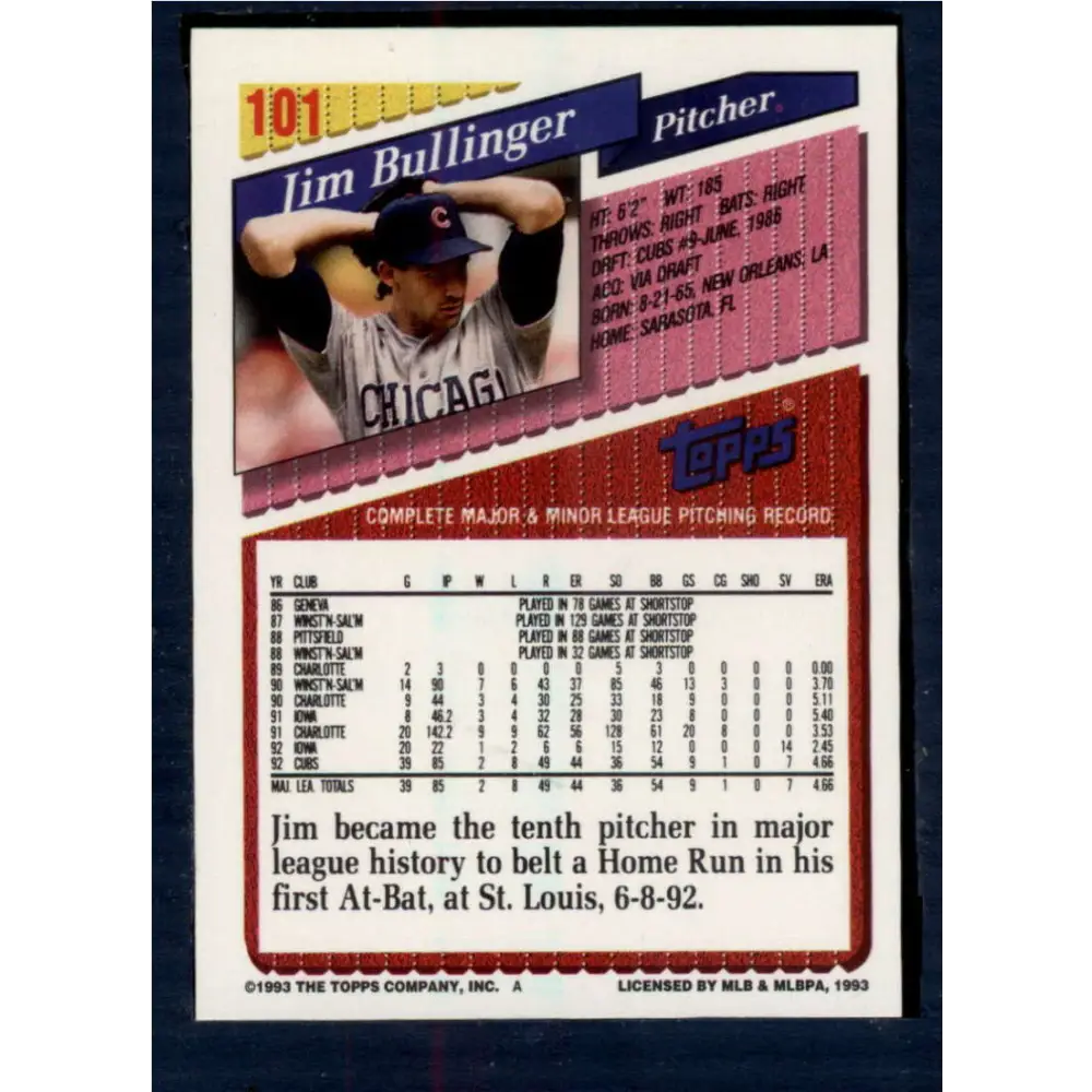 1993 Topps #101 Jim Bullinger NM-MT Chicago Cubs Baseball Card Image 2
